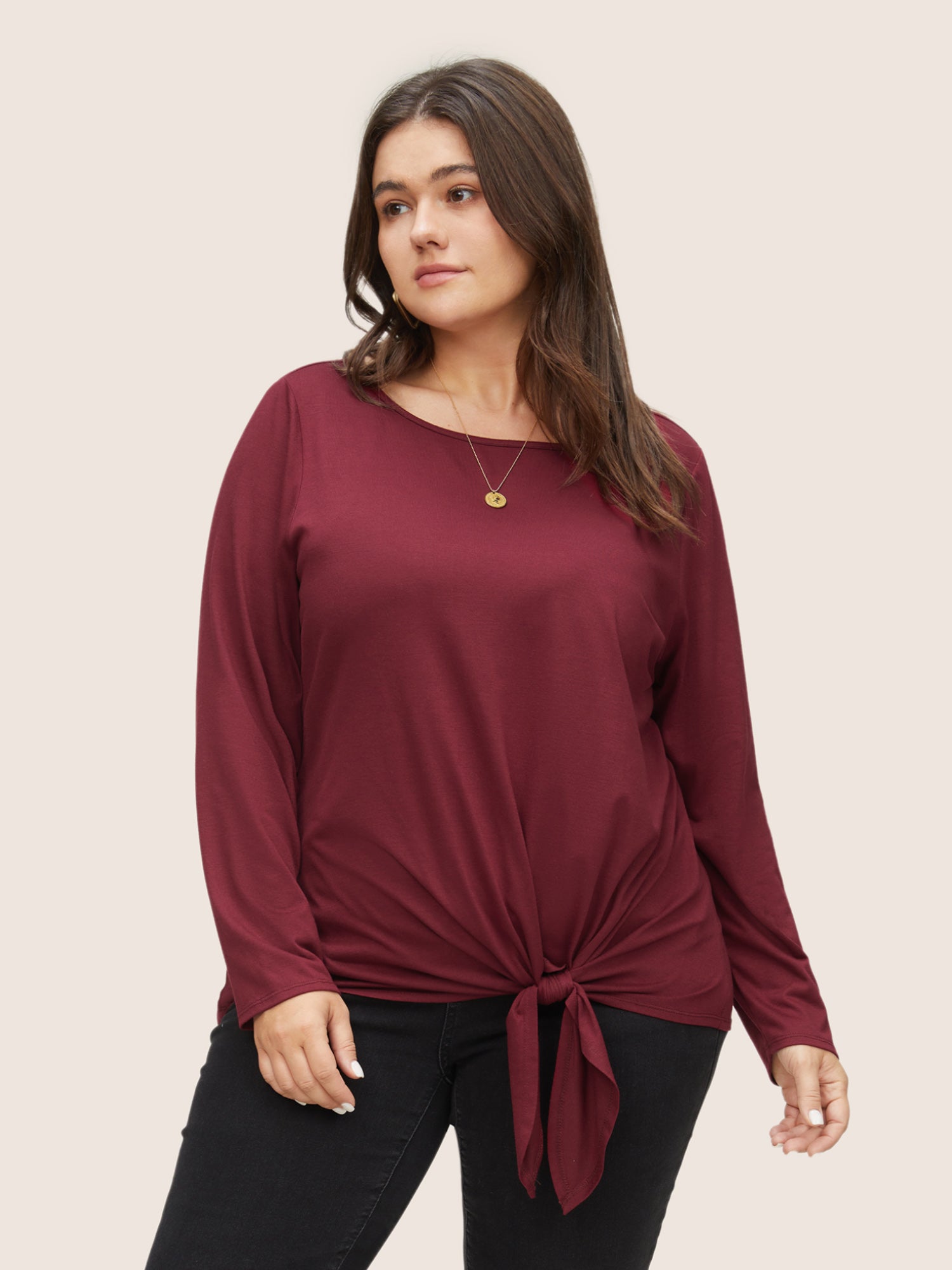 

Plus Size Women Everyday Plain Plain Regular Sleeve Long Sleeve Round Neck Casual T-shirts BloomChic, Burgundy