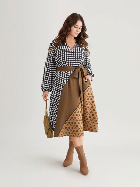 Polka Dots Print Colorblocking Belted Notched Collar Dress