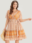 Belted Pocketed General Print Flutter Sleeves Dress by Bloomchic Limited