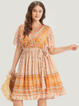 V-neck Belted Pocketed General Print Flutter Sleeves Dress