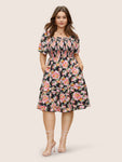 Floral Print Pleated Shirred Dress With Ruffles