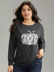 Pumpkin Print Crew Neck Knit Sweatshirt