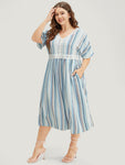 Lace Pocketed Batwing Sleeves Striped Print Midi Dress