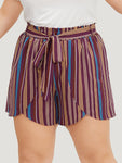 Colour Striped Print Belted Wrap Hem Shorts