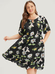 Floral Print Ruffle Pocket Keyhole Round Neck Dress