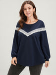 Plain Round Neck Contrast Lace Drop Shoulder Sweatshirt