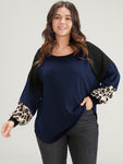 Leopard Colorblock Contrast Round Neck Sweatshirt