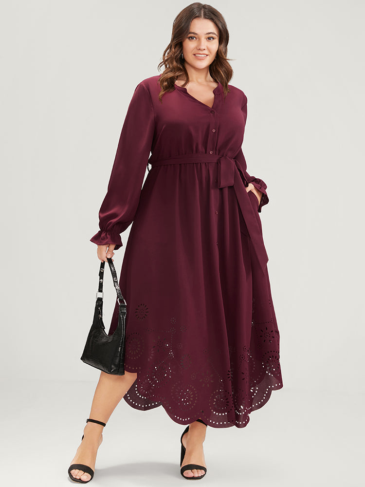 

Plus Size Women Workwear Plain Button Ruffle Sleeve Long Sleeve V Neck Pocket Belt Workleisure Dresses BloomChic, Burgundy