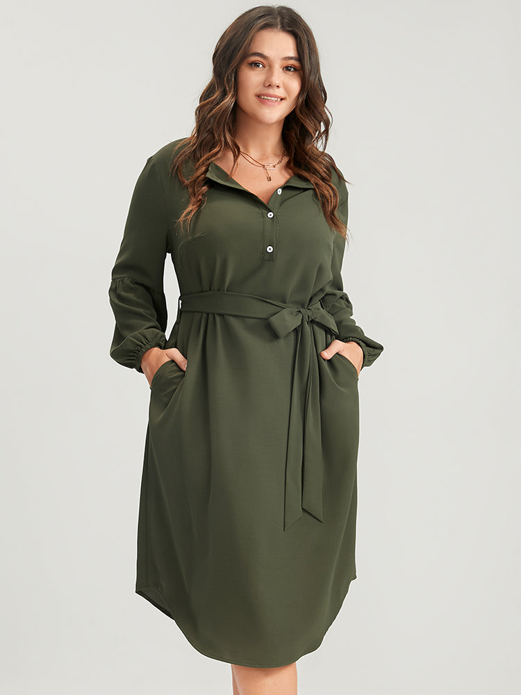

Plus Size Women Work Plain Belted Lantern Sleeve Long Sleeve Round Neck Pocket Belt Office Dresses BloomChic, Army green