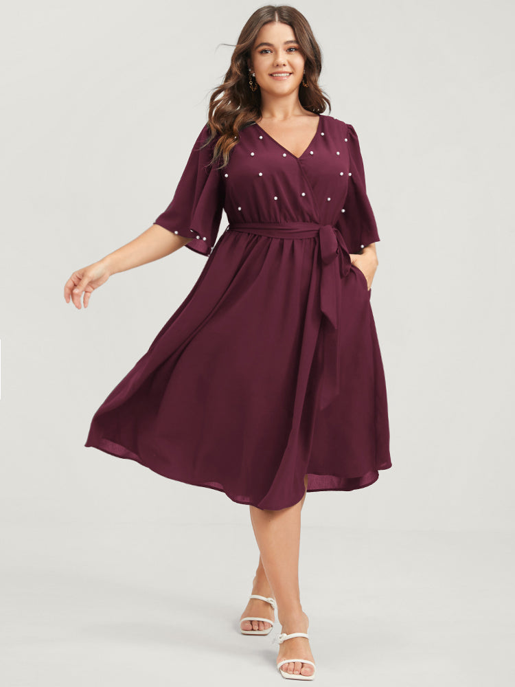 

Plus Size Women Going out Plain Beaded Ruffle Sleeve Short Sleeve V Neck Pocket Belt Glamour Dresses BloomChic, Burgundy