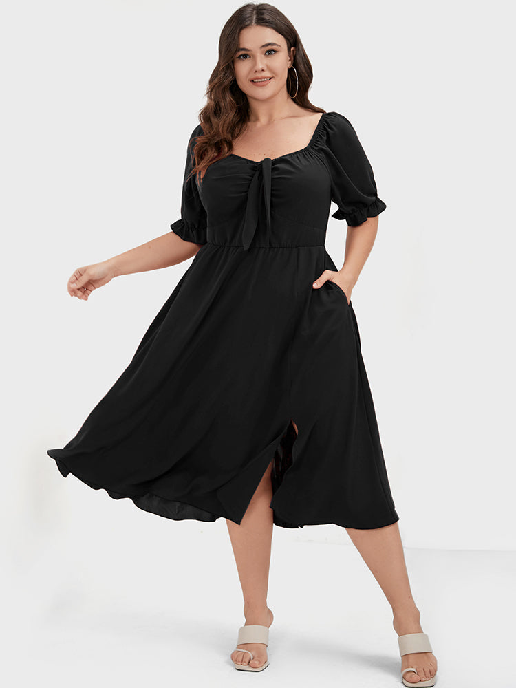 

Plus Size Women Dailywear Plain Ties Puff Sleeve Short Sleeve V Neck Pocket Dating Dresses BloomChic, Black