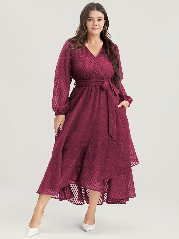 

Plus Size Women Going out Plain Plain Lantern Sleeve Long Sleeve V Neck Pocket Belt Glamour Dresses BloomChic, Red-violet