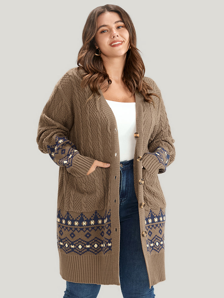 

Geometric Contrast Pointelle Knit Pocket Cable Knit Button Front Cardigan BloomChic, Bronze