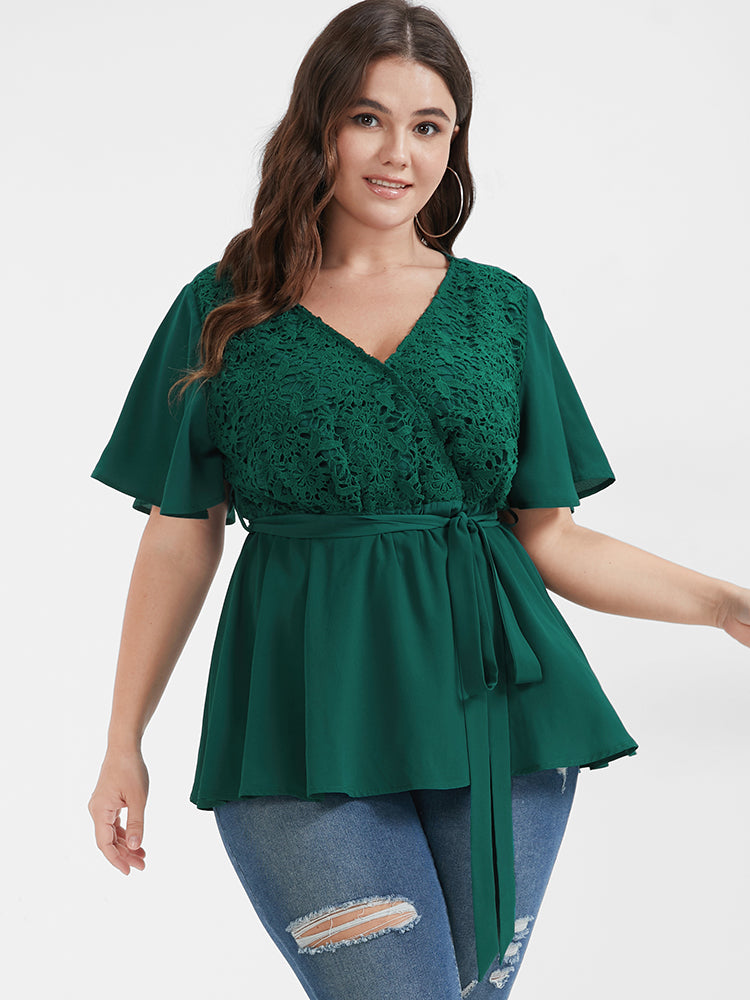 

Plus Size Women Workwear Plain Gathered Ruffle Sleeve Short Sleeve V Neck Elegance Blouses BloomChic, Dark green