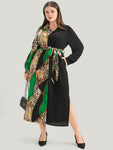 Pocketed Belted Collared General Print Dress