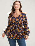 Floral Lantern Sleeve Ties Up V Neck Blouse