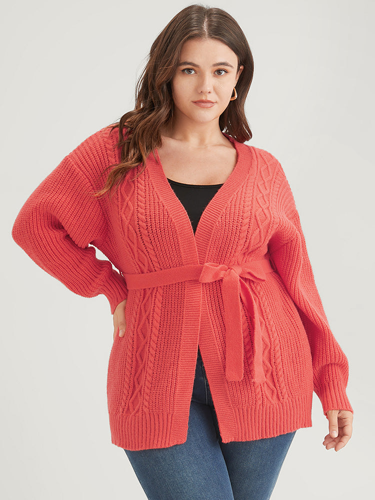 

Plain Pointelle Knit Geometric Eyelet Belted Open Front Cardigan BloomChic, Orange-red