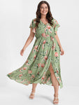 Floral Print Wrap Raglan Sleeves Midi Dress With Ruffles