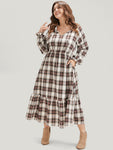 Self Tie Keyhole Pocketed Plaid Print Dress With Ruffles