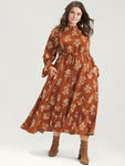 Pocketed Shirred Floral Print Mock Neck Dress