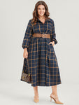 Plaid Print Flutter Sleeves Collared Pocketed Belted Dress