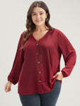 Solid V Neck Lantern Sleeve Button Up Blouse