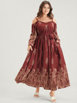 Pocketed Belted Cold Shoulder Sleeves Maxi Dress With Ruffles