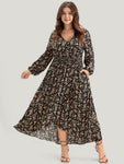 Pocketed Wrap Shirred Floral Print Dress