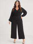 Solid Button Front Lantern Sleeve Pocket Wide Leg Jumpsuit