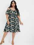 Floral Print Cold Shoulder Sleeves Dress With Ruffles