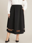 Solid Mesh Patchwork Pocket Elastic Waist Skirt