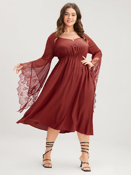 Bell Sleeves Asymmetric Button Front Lace Dress
