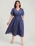 Flutter Sleeves Striped Print Pocketed Wrap Midi Dress