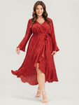 Polka Dot Split Wrap Asymmetrical Hem Ruffles Belted Dress