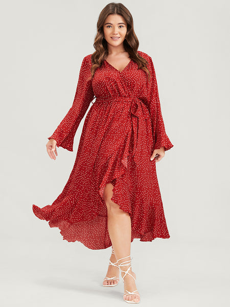 Belted Wrap Polka Dots Print Dress With Ruffles