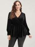 Solid Shirred Lantern Sleeve Ties Up Velvet Wrap Blouse