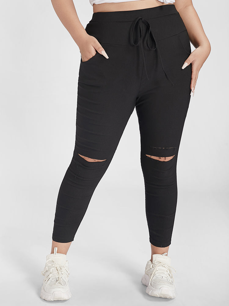 

Plus Size Women Dailywear Plain Distressed High Rise Pocket Casual Pants BloomChic, Black