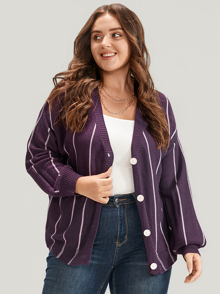

Vertical Striped Contrast Pointelle Knit Lantern Sleeve Button Front Cardigan BloomChic, Eggplant