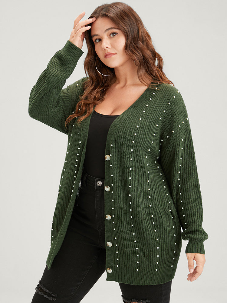 

Plain Pointelle Knit Pearls Beaded Button Front Cardigan BloomChic, Army green