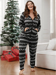 Elk & Snowflake Print Pocket Drawstring Zipper Hooded Jumpsuit