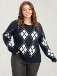 Geometric Contrast Pointelle Knit Round Neck Knit Top