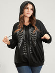 Halloween Skeleton Print Zip Up Drawstring Hooded Sweatshirt