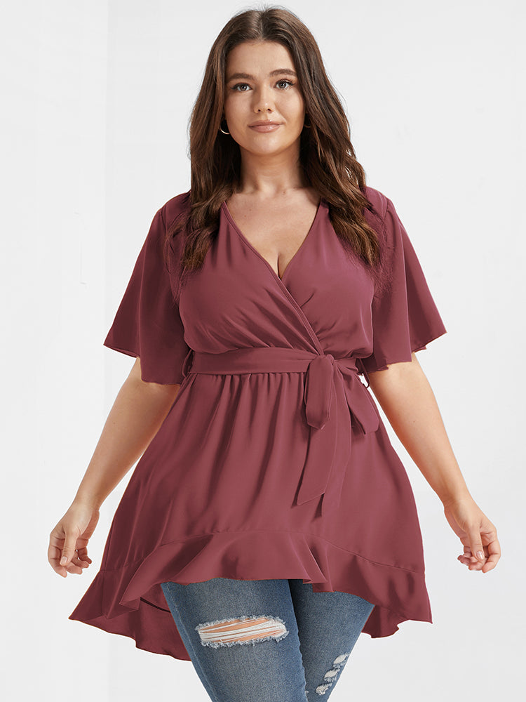 

Plus Size Women Dailywear Plain Belted Ruffle Sleeve Short Sleeve V Neck Elegance Blouses BloomChic, Dusty pink