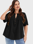 Solid Shirred Frill Trim Button Notched Neck Blouse