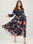 Floral Button Split Lantern Sleeve Pocket Flutter Wrap Maxi Dress