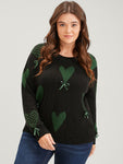 Heart Print Contrast Pointelle Knit Bowknot Beaded Knit Top