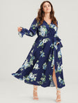 Elasticized Waistline Bell Flutter Sleeves Floral Print Wrap Pocketed Dress