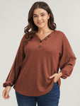 Solid Lantern Sleeve Button V Neck Waffle Knit Long Tee