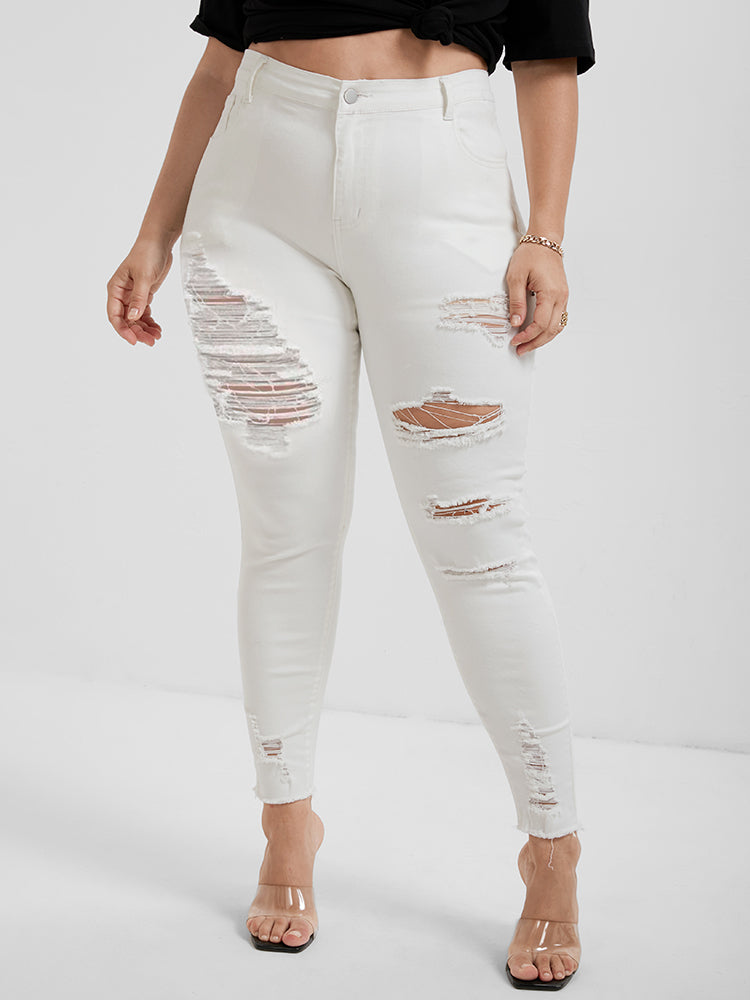 

Plus Size Women Dailywear Plain Distressed High Rise Pocket Casual Pants BloomChic, White