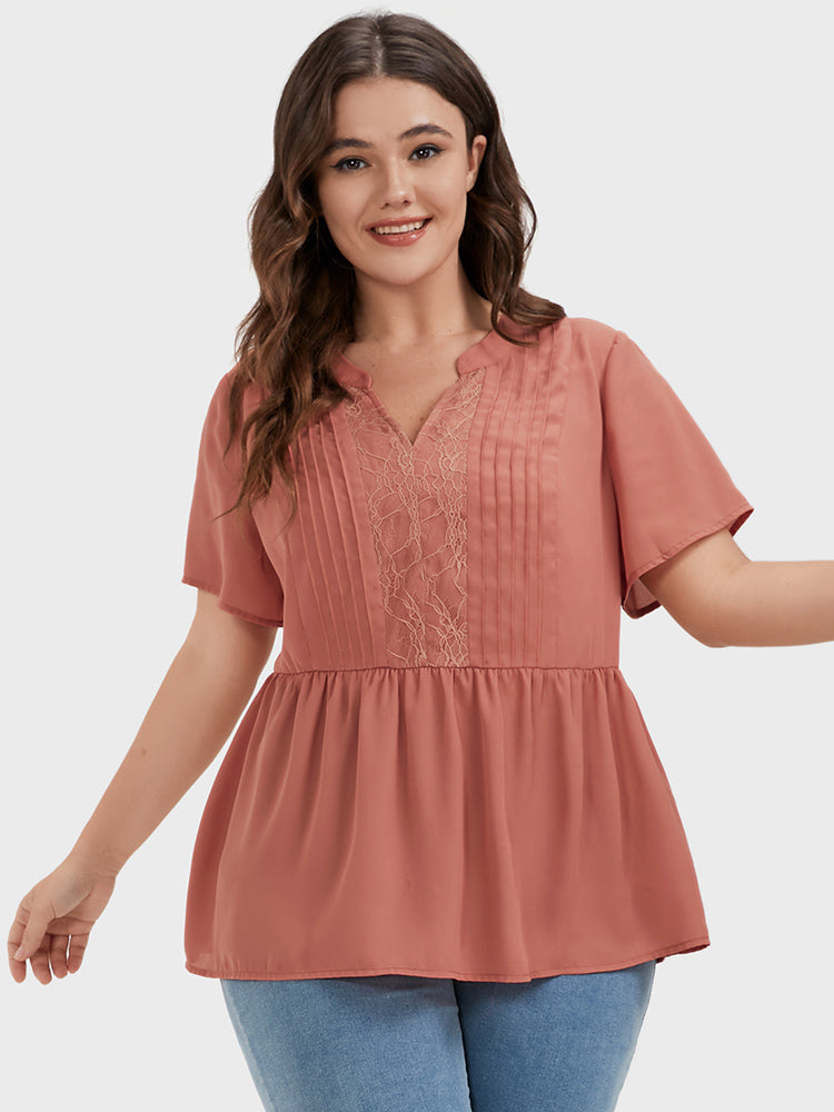 

Plus Size Women Dailywear Plain Gathered Ruffle Sleeve Short Sleeve V Neck Casual Blouses BloomChic, Salmon